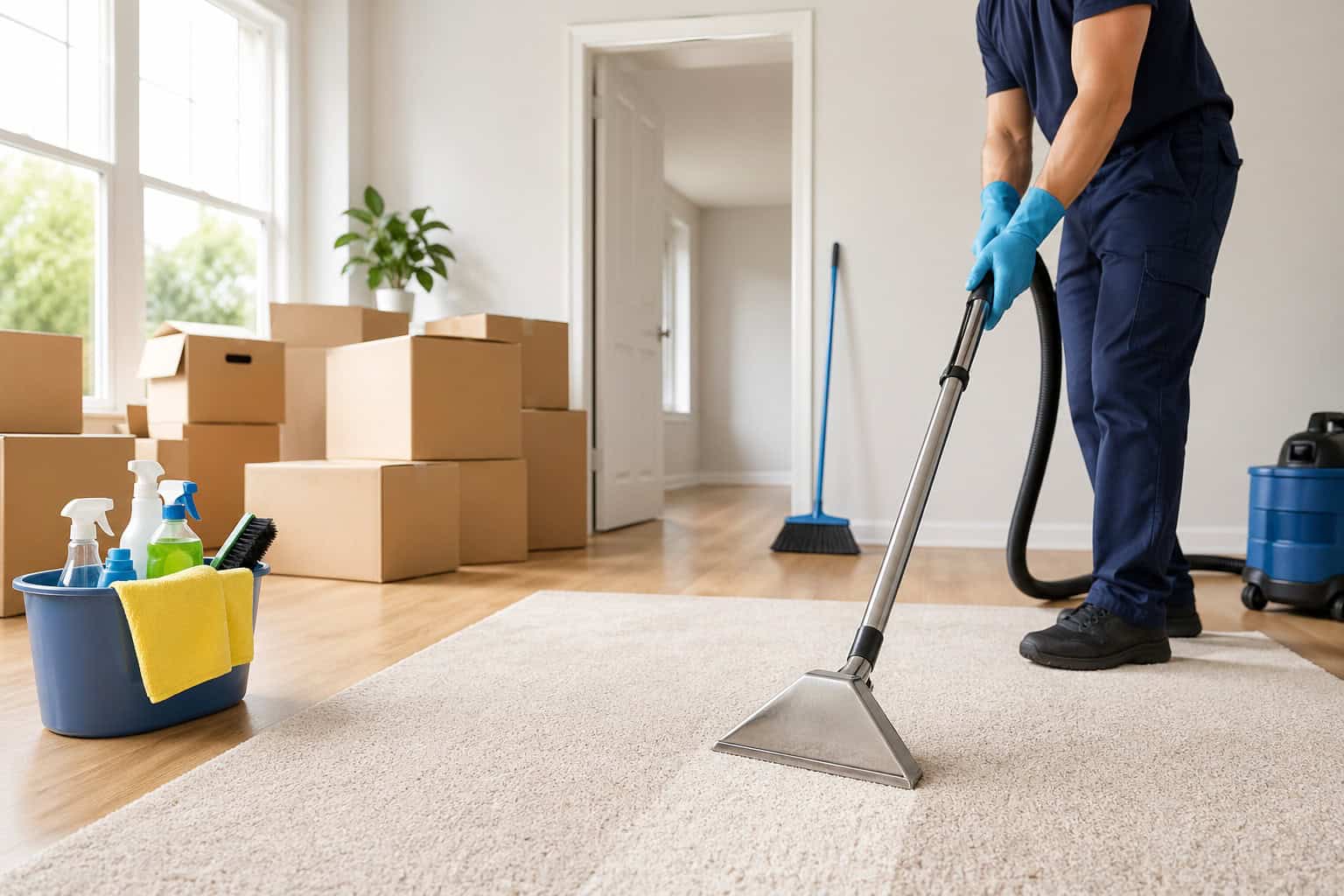 Vacuum cleaner operator cleaning carpet in a bright, modern home.