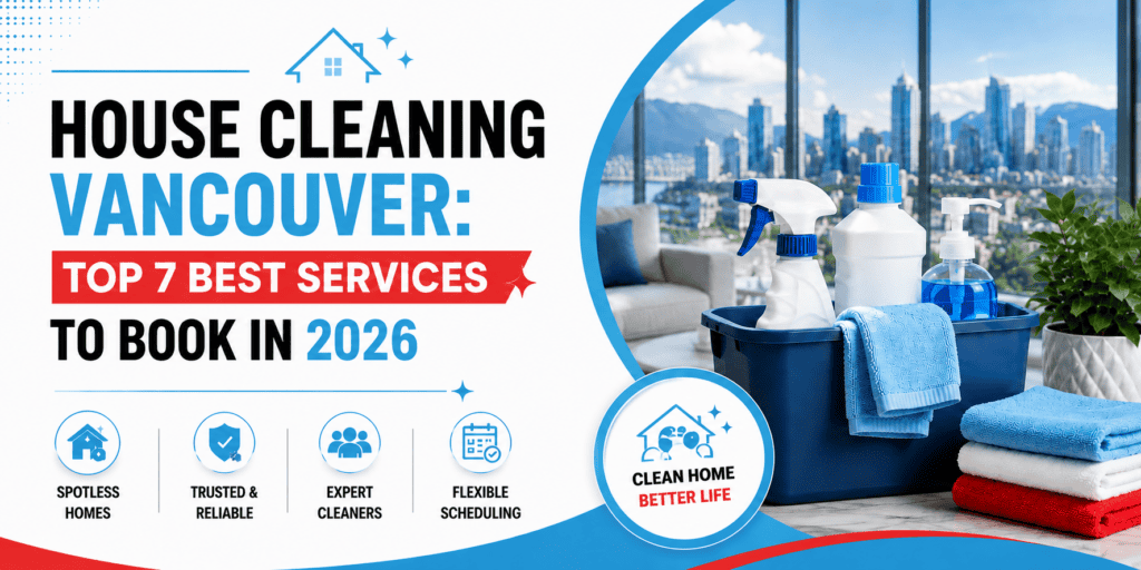 Modern house cleaning service in Vancouver with cleaning supplies and city view.