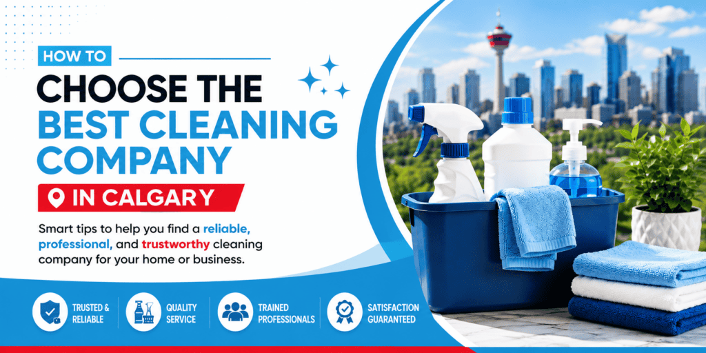 Cleaning supplies on a balcony with city skyline in Calgary background.