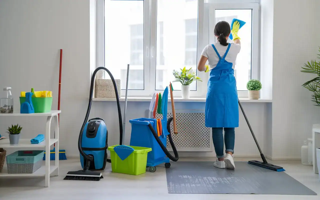 Professional cleaner mopping floor in bright, modern room with cleaning supplies nearby.