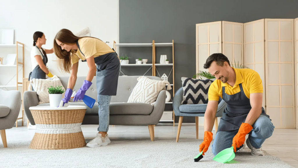 Professional cleaning team tidying a modern living room with eco-friendly tools.