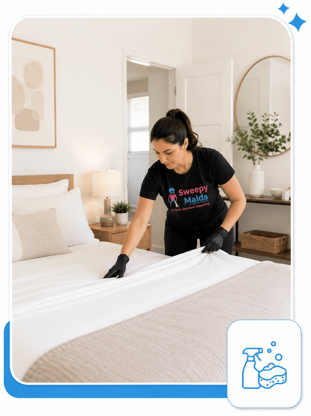 Sweepy Maids cleaner making a bed during an Airbnb turnover cleaning in Kelowna