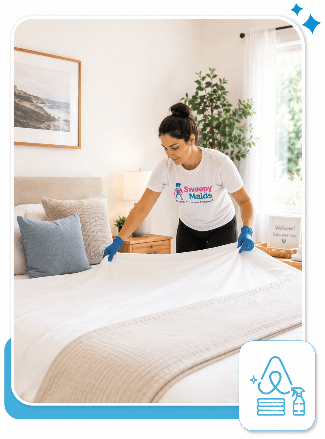 Sweepy Maids cleaner making a bed during an Airbnb turnover cleaning in Surrey