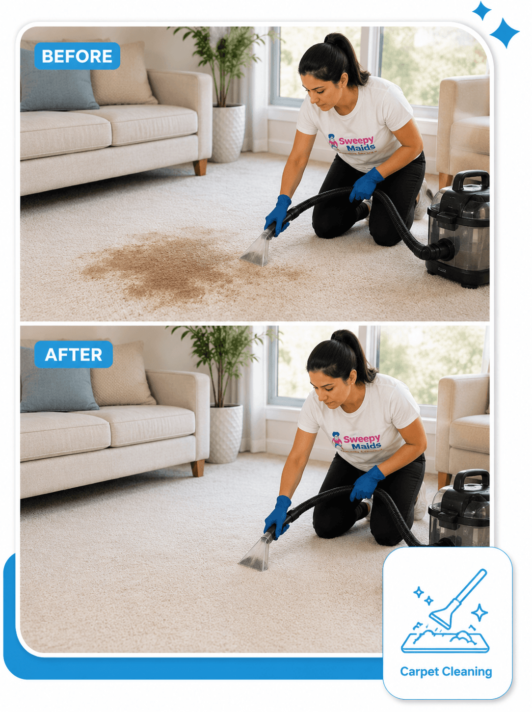 Before and after carpet stain removal during a professional carpet cleaning service in Vancouver