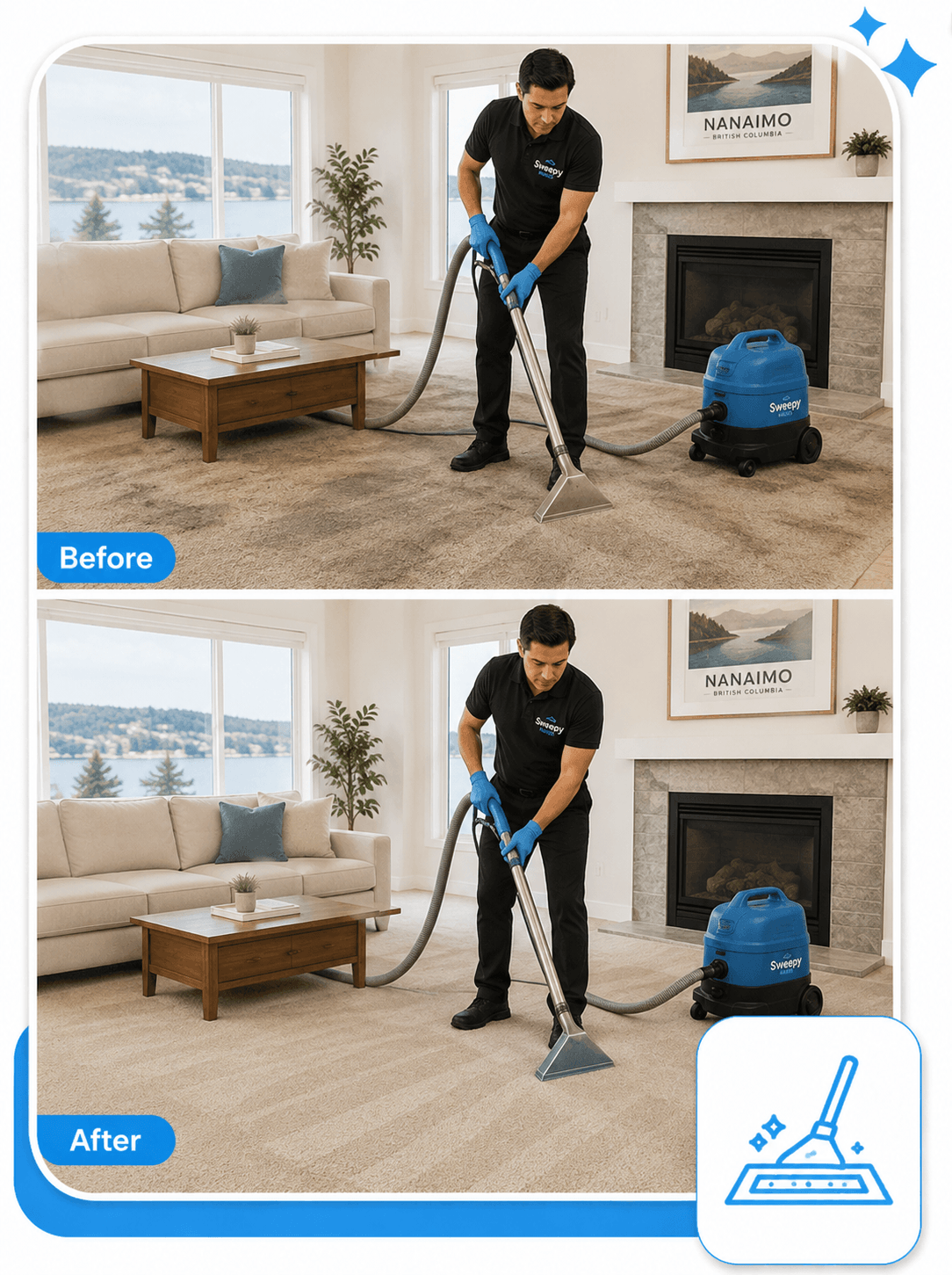 Before and after carpet steam cleaning in a Nanaimo, BC living room