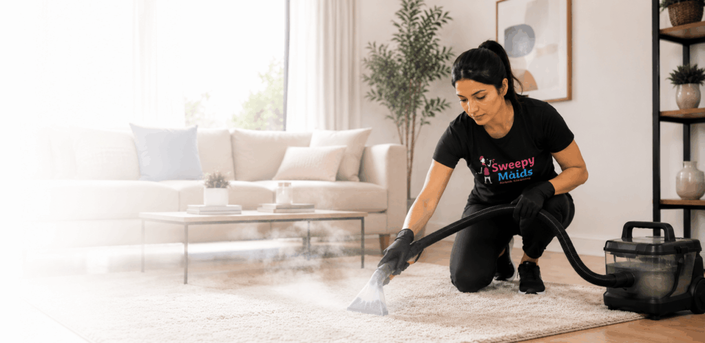 Sweepy Maids technician steam cleaning a carpet in a Surrey, BC living room