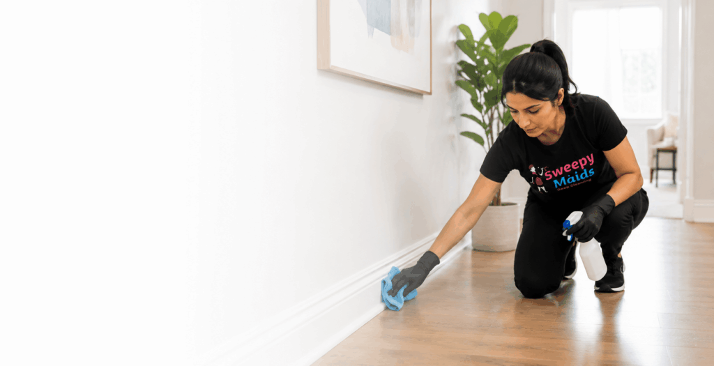 Sweepy Maids cleaner deep cleaning baseboards in a Kelowna, BC home