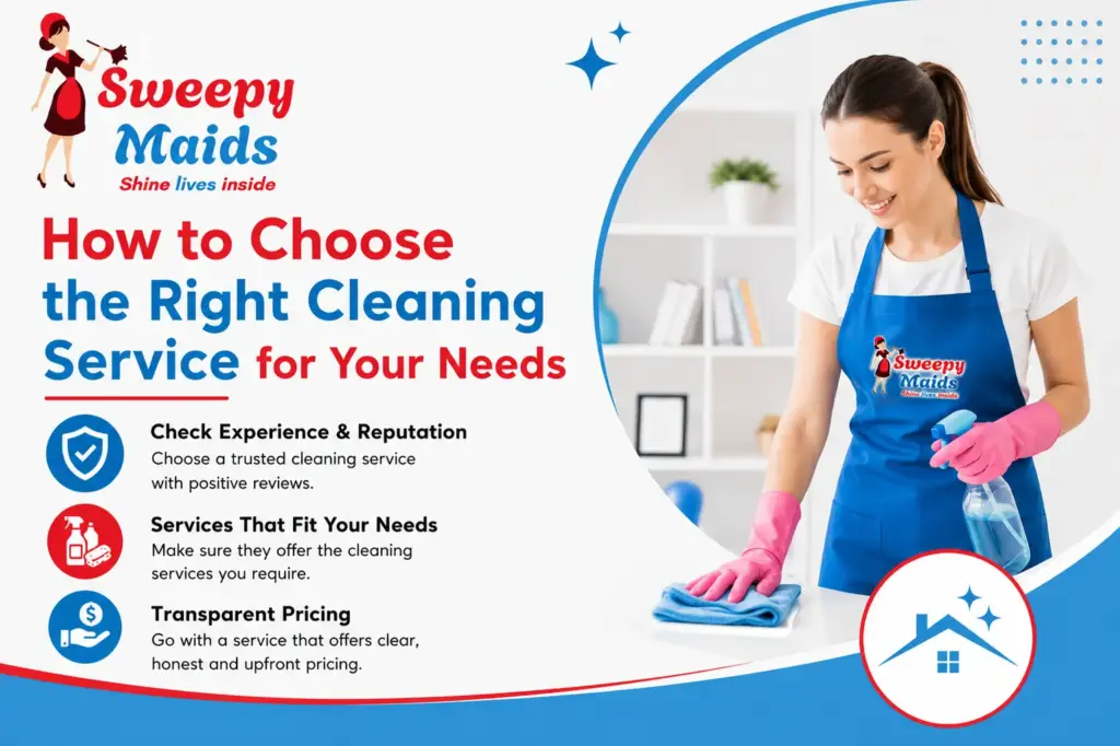 Professional woman cleaning with Sweepy Maids logo in background.