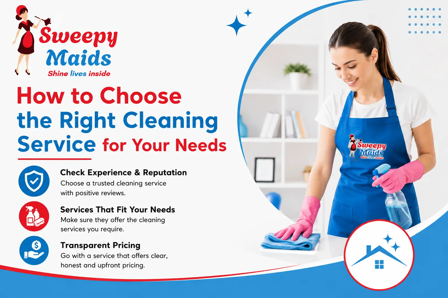 Professional woman cleaning with Sweepy Maids logo in background.