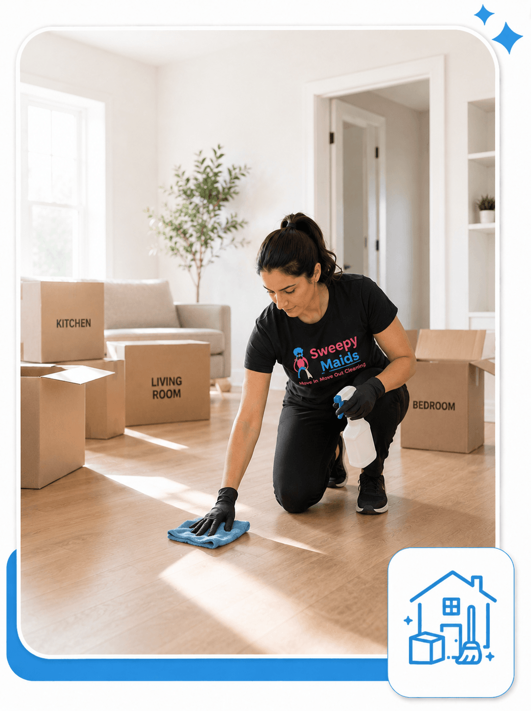 Sweepy Maids cleaner wiping down baseboards during a move-in clean in Kelowna, BC