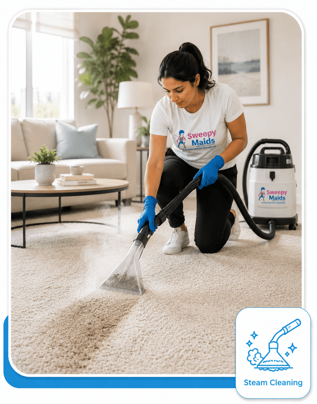 Steam cleaning equipment lifting dirt from carpet fibres during a Vancouver home cleaning appointment
