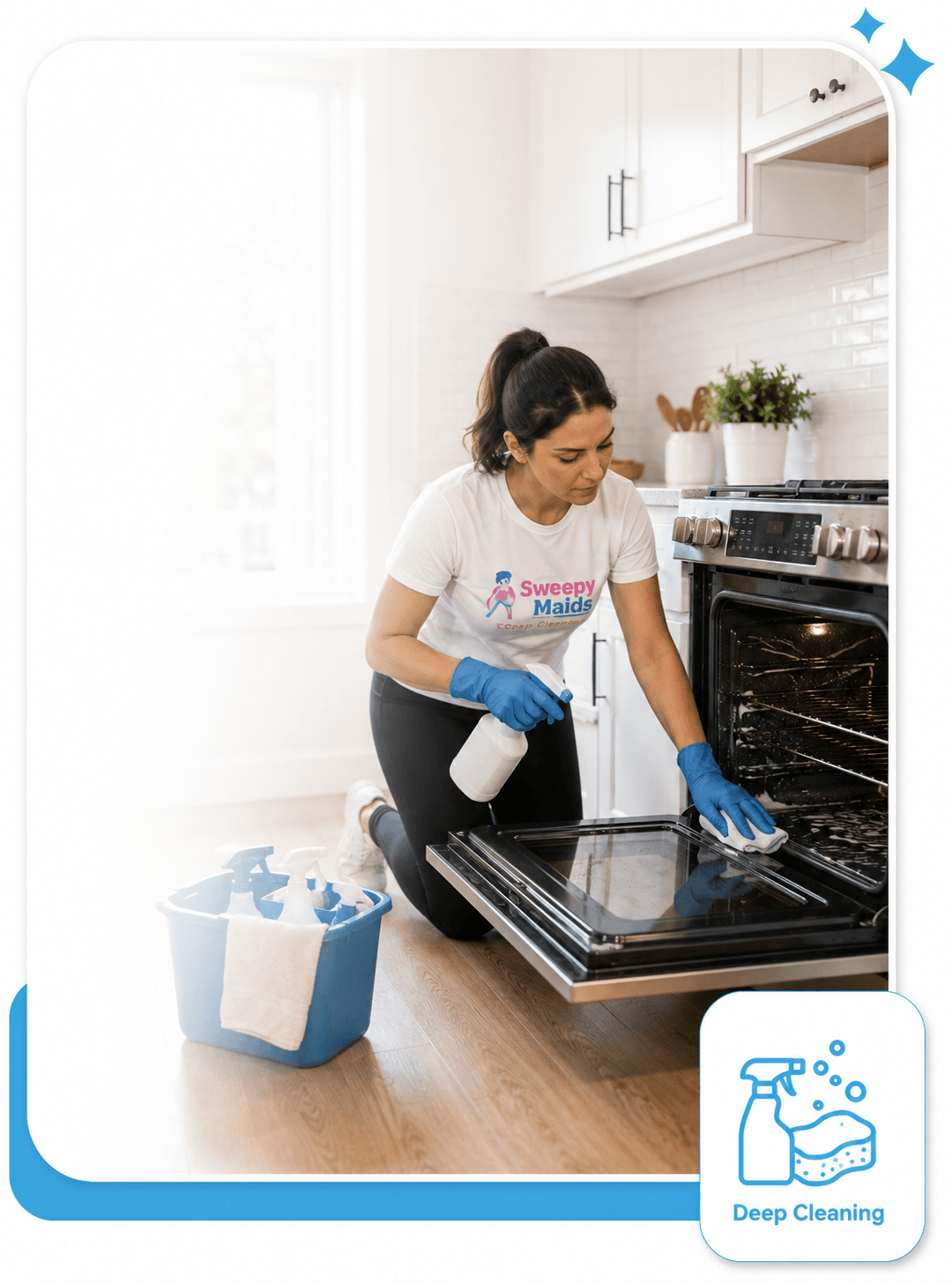 Sweepy Maids cleaner degreasing an oven during a deep cleaning service in Vancouver