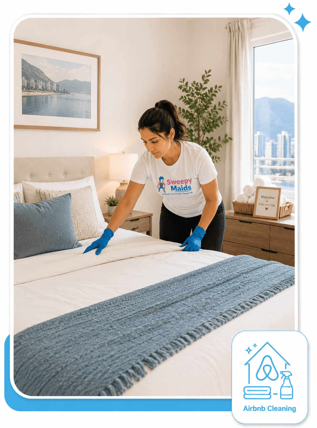 Sweepy Maids cleaner making a bed during an Airbnb turnover cleaning in Vancouver