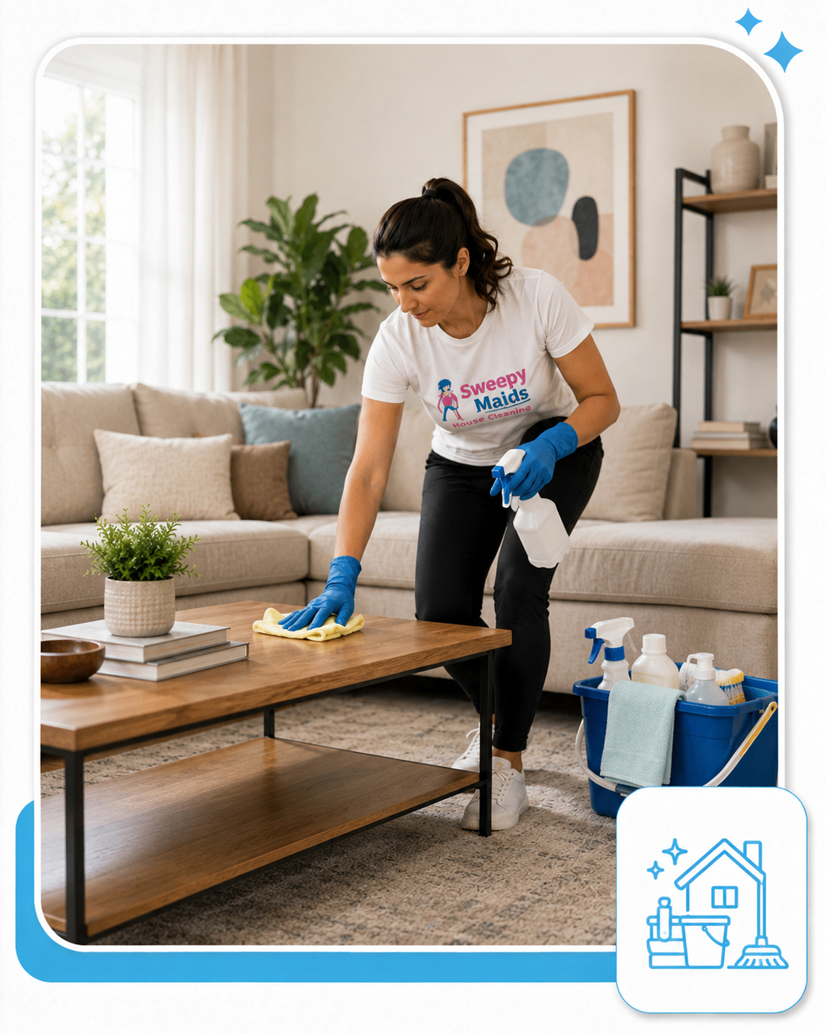 Sweepy Maids cleaner vacuuming a living room in a Kelowna, BC house