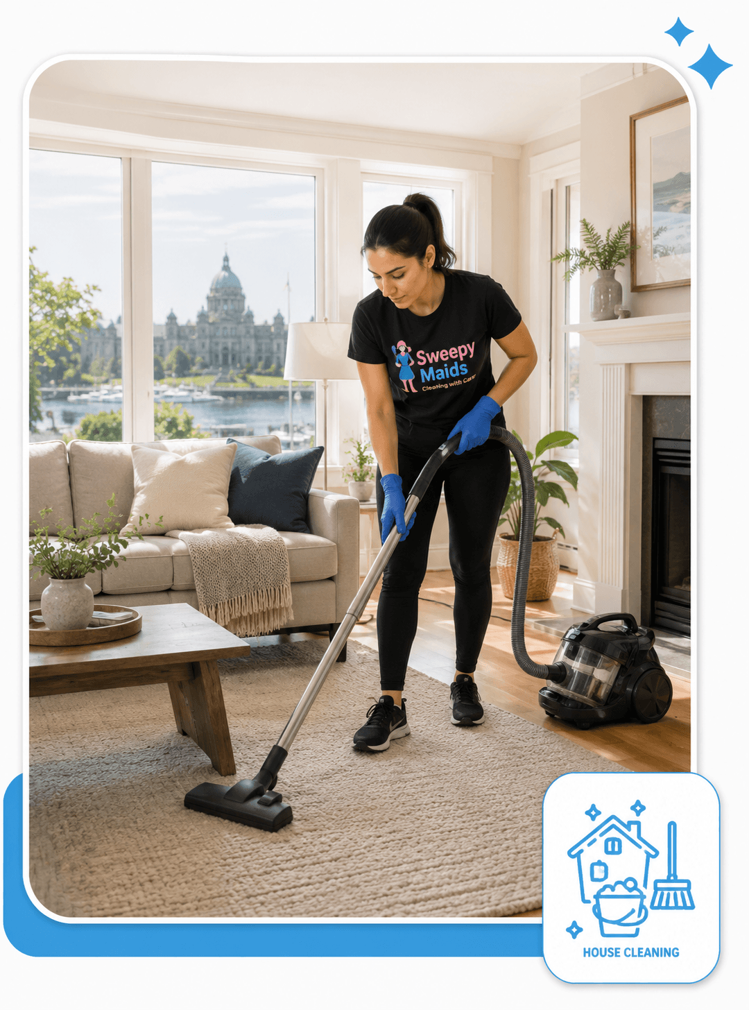 Sweepy Maids cleaner vacuuming a living room in a Victoria, BC house