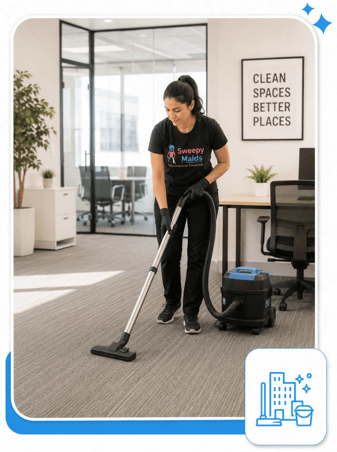 Sweepy Maids cleaner vacuuming an office floor in Nanaimo, BC