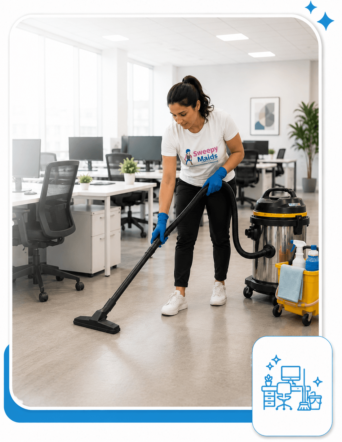 Sweepy Maids cleaner vacuuming an office floor in Kelowna, BC