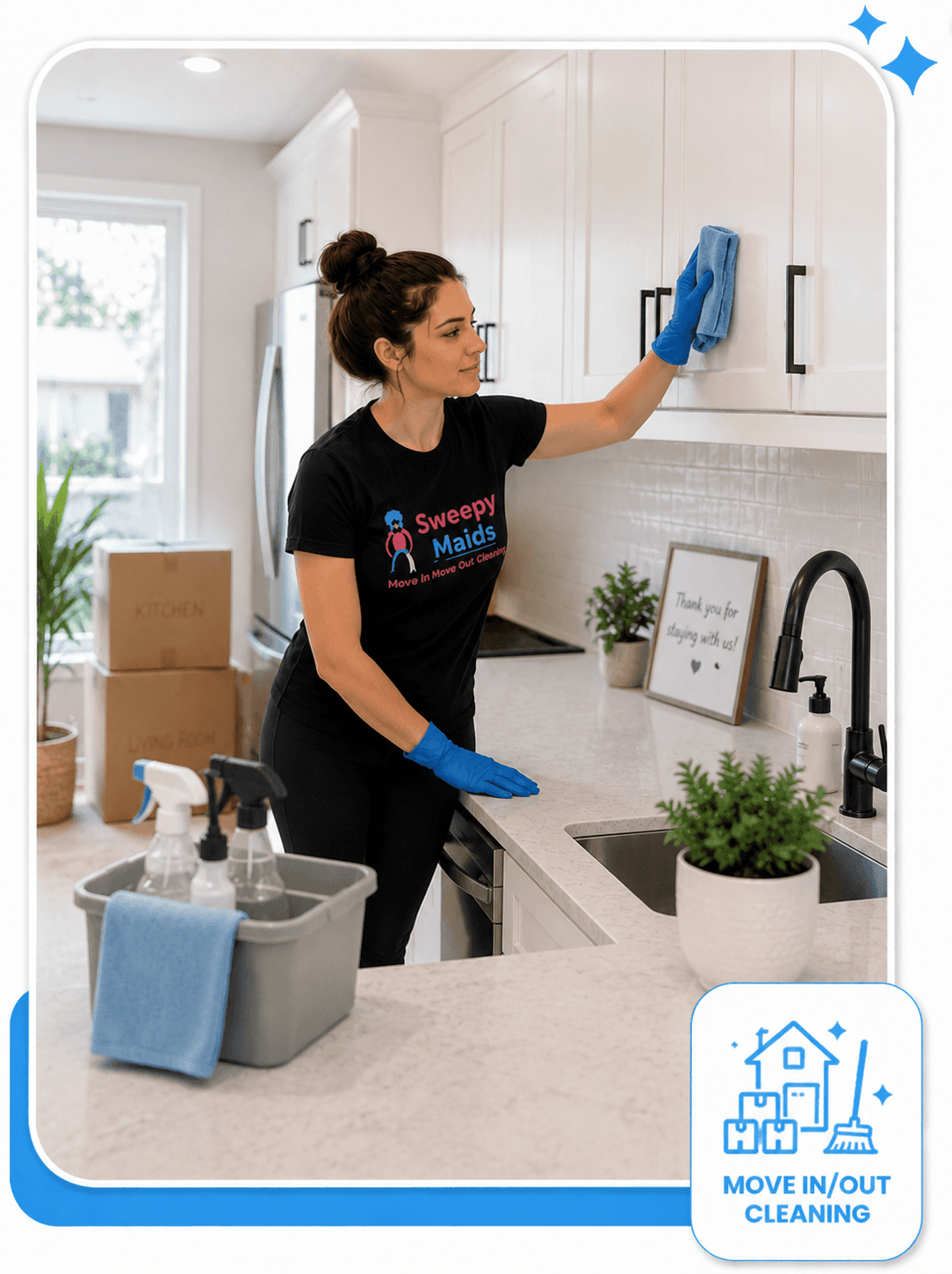 Sweepy Maids cleaner wiping down kitchen cabinets during a move-out clean in Surrey