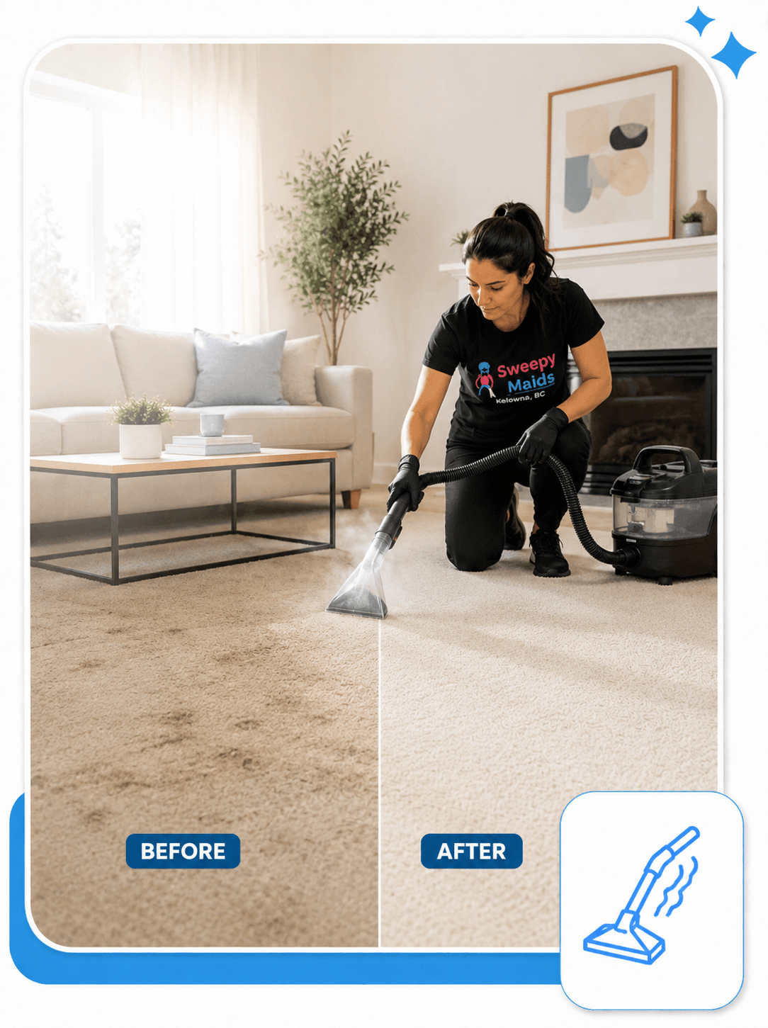 Before and after carpet steam cleaning in a Kelowna, BC living room