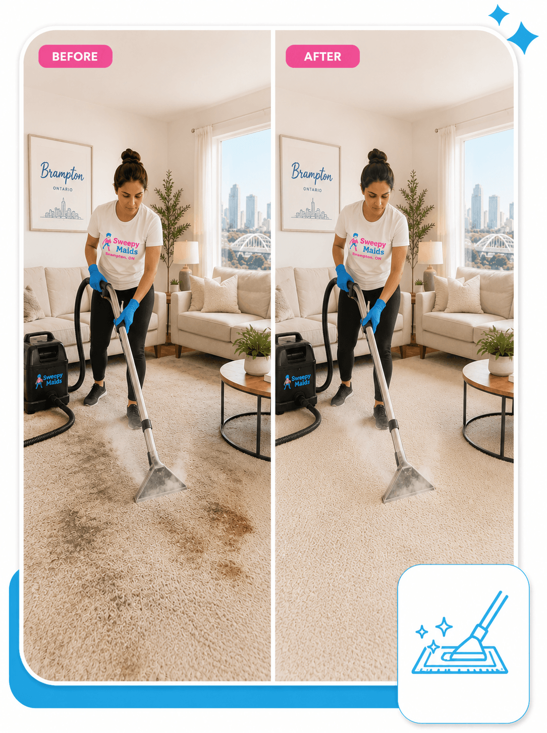 Before and after carpet steam cleaning in a Brampton, ON living room