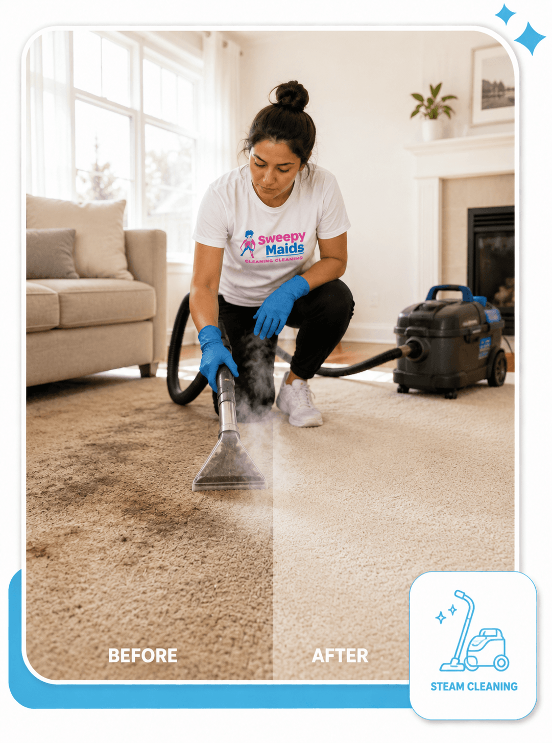 Before and after carpet steam cleaning in a Calgary, AB living room
