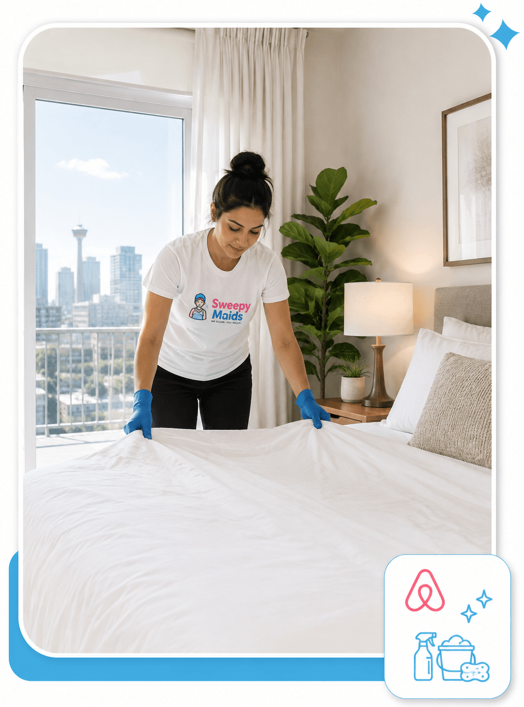 Sweepy Maids cleaner making up a bed in a Calgary Airbnb between guest stays