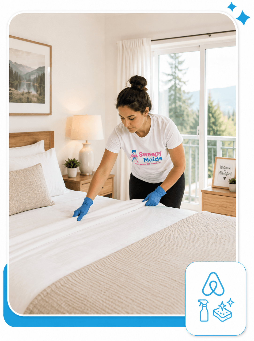 Sweepy Maids cleaner making up a bed in an Abbotsford Airbnb between guest stays