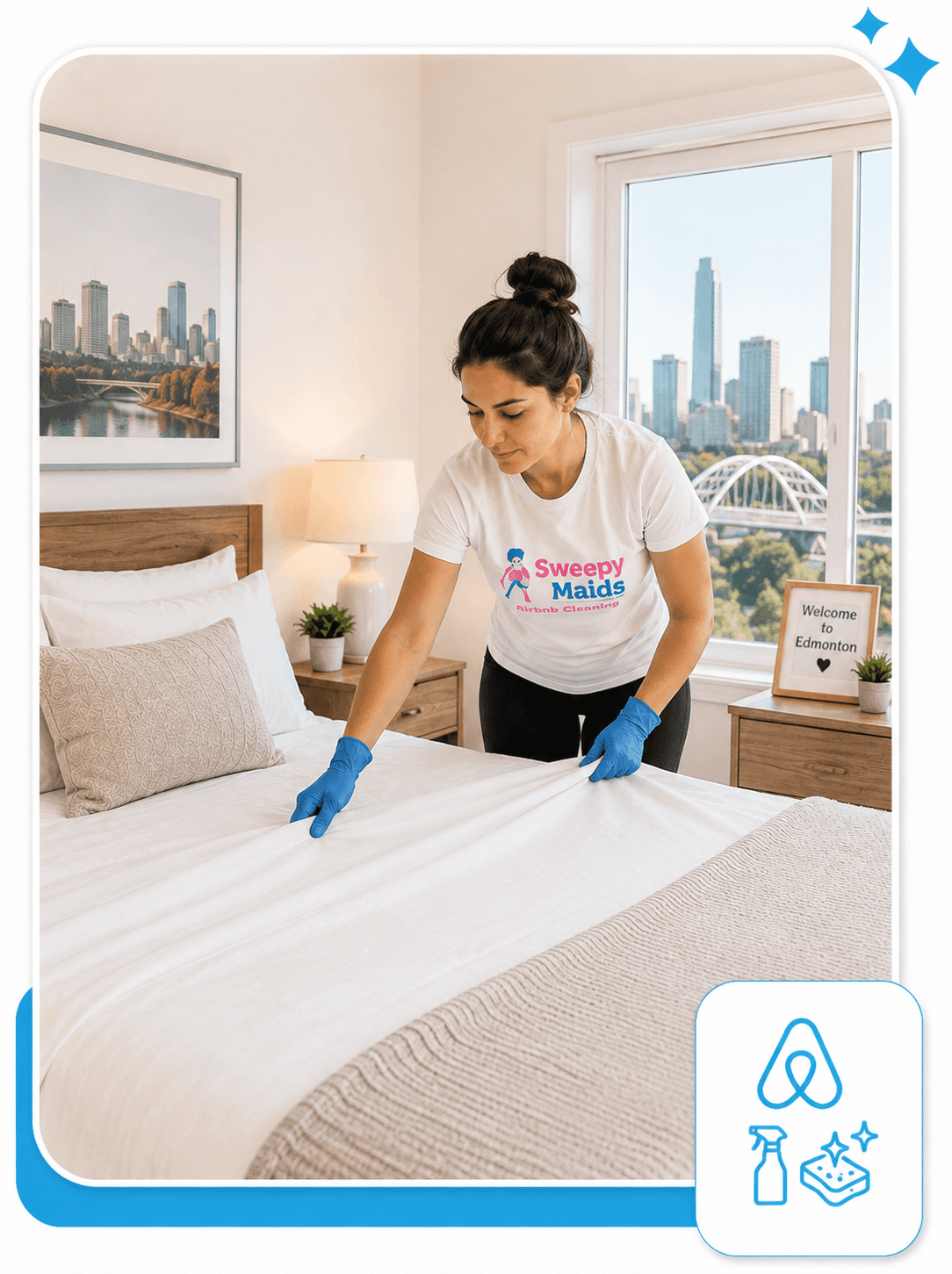 Sweepy Maids cleaner making up a bed in an Edmonton Airbnb between guest stays