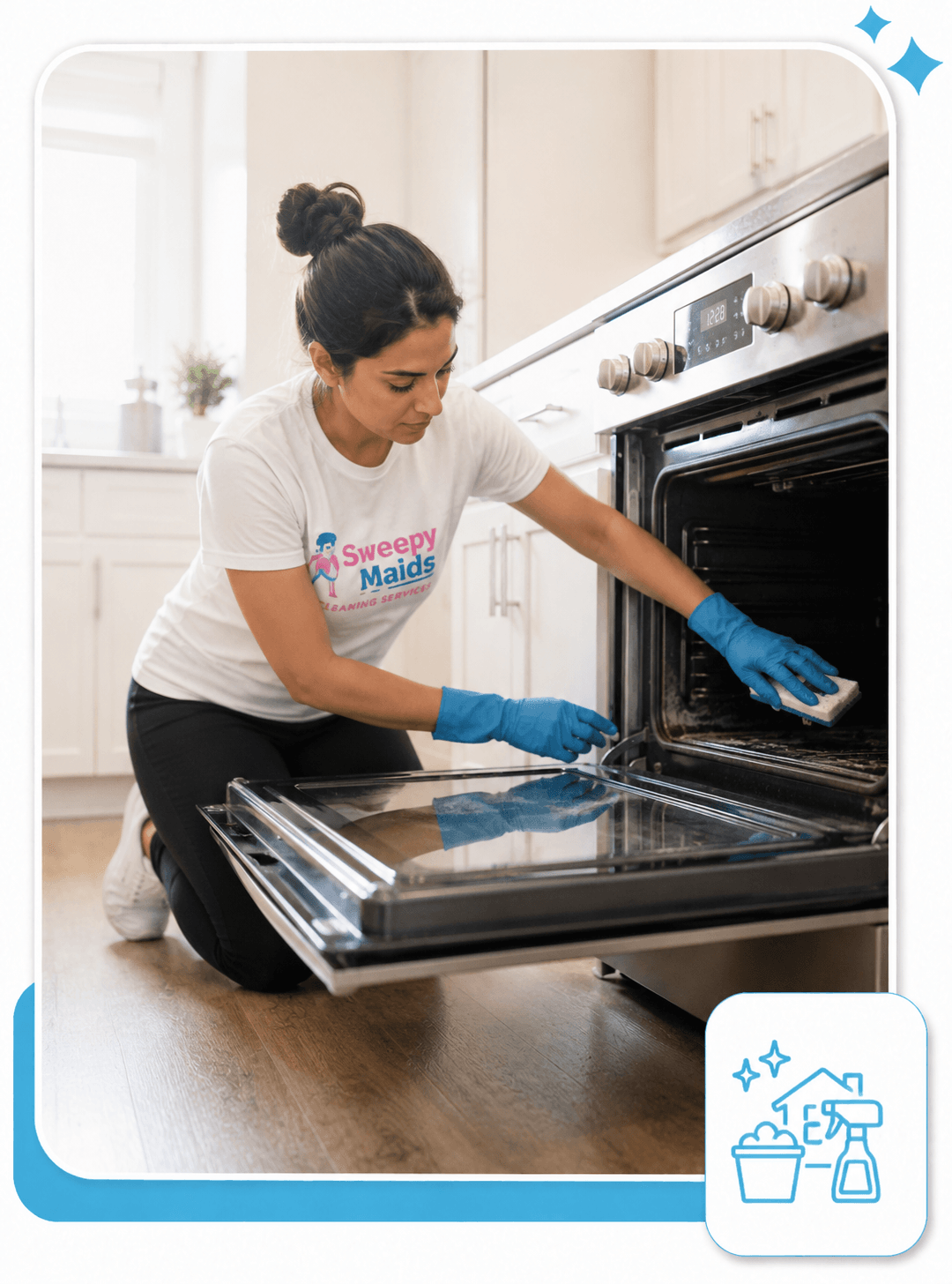 Sweepy Maids cleaner scrubbing inside an oven during a deep clean in Abbotsford, BC