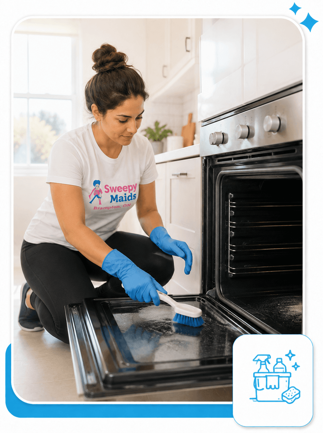 Sweepy Maids cleaner scrubbing inside an oven during a deep clean in Brampton, ON