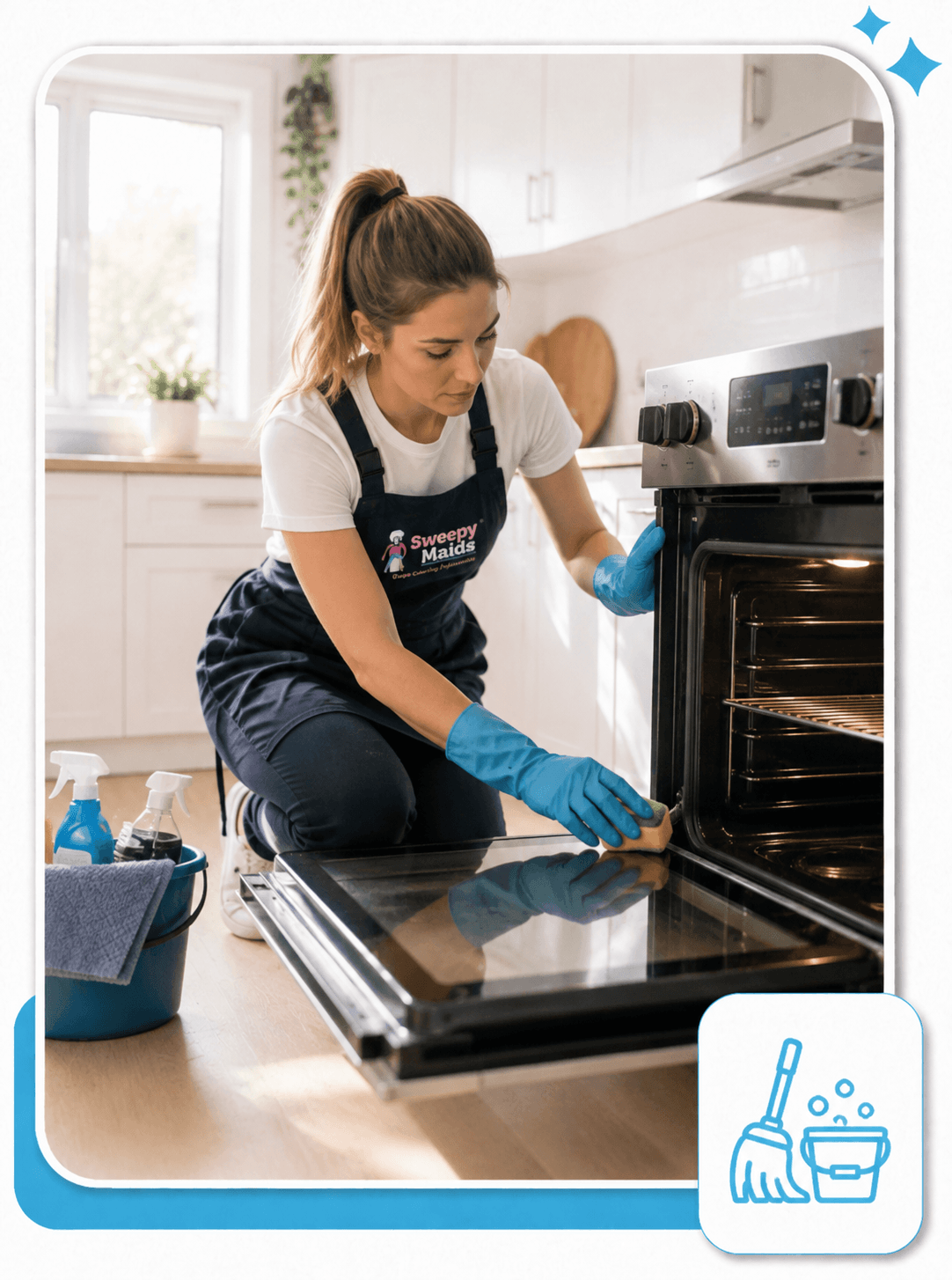 Sweepy Maids cleaner scrubbing inside an oven during a deep clean in Calgary, AB