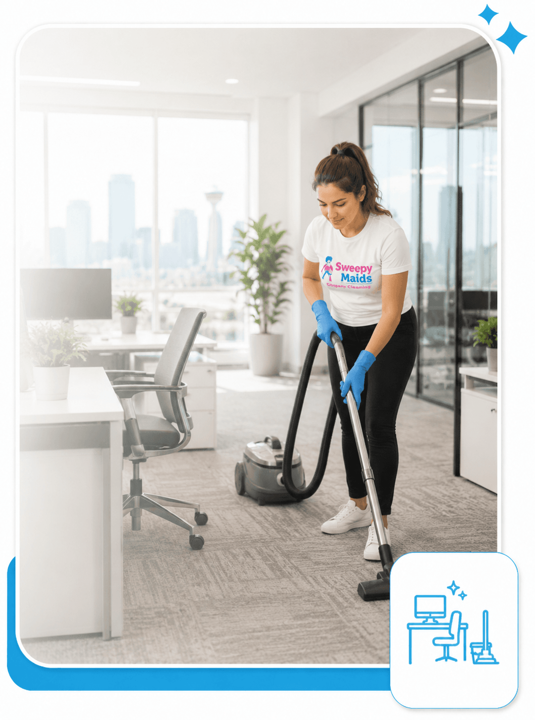 Sweepy Maids cleaner vacuuming an office floor in a Calgary commercial space