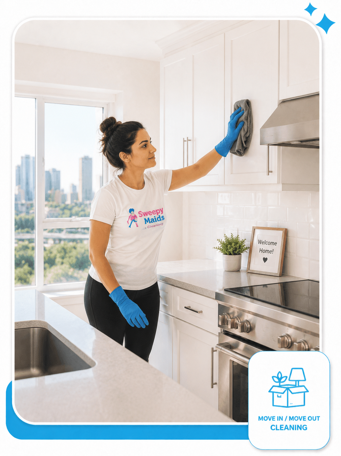 Sweepy Maids cleaner wiping down kitchen cabinets during a move in cleaning in Brampton, ON