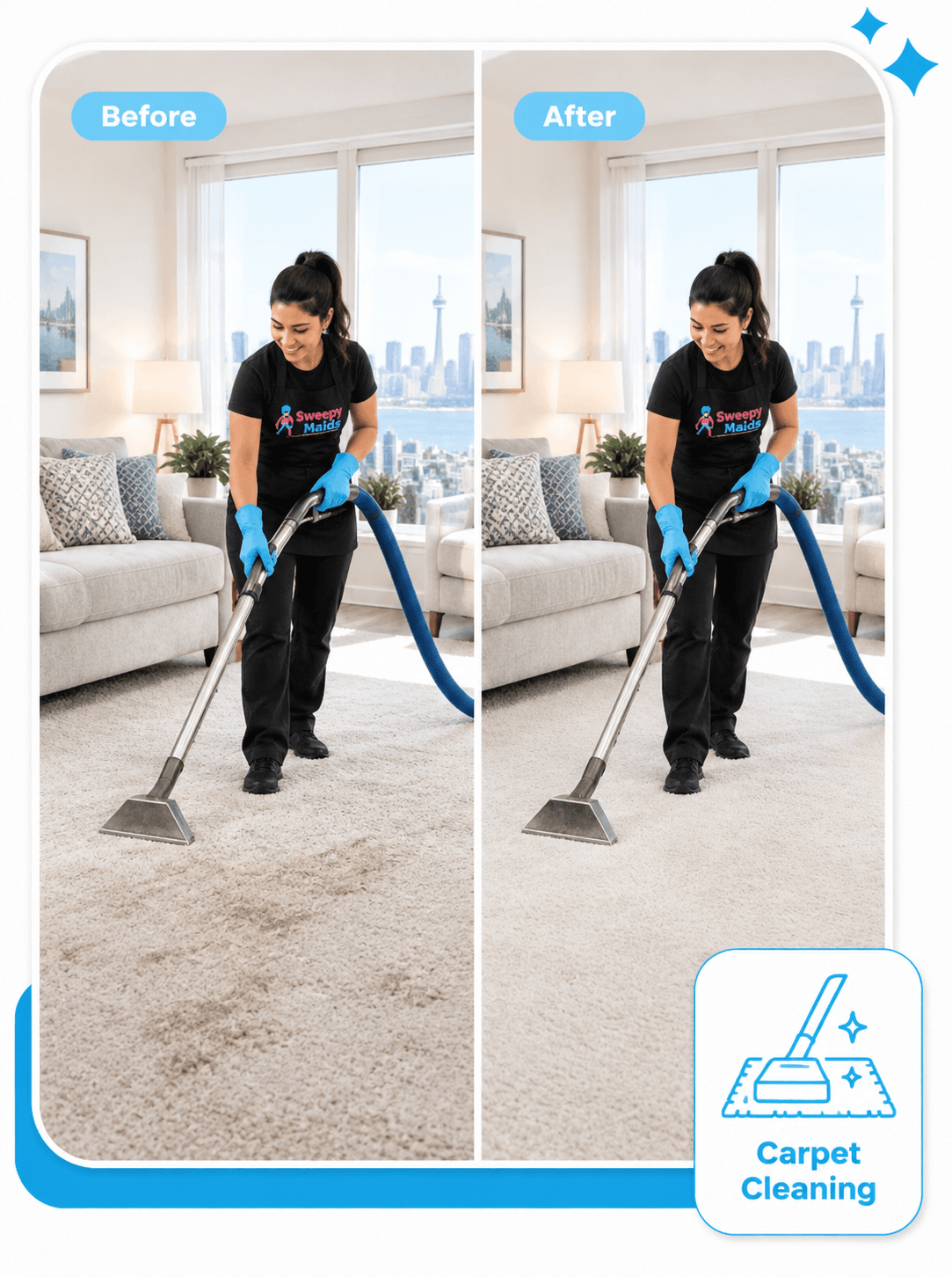Before and after carpet cleaning in a Mississauga, ON home
