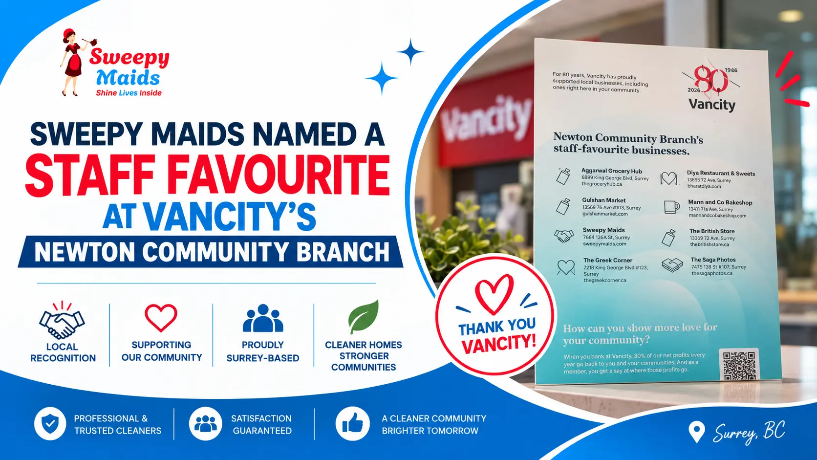 Sweepy Maids Named a Staff Favourite at Vancity's Newton Community Branch