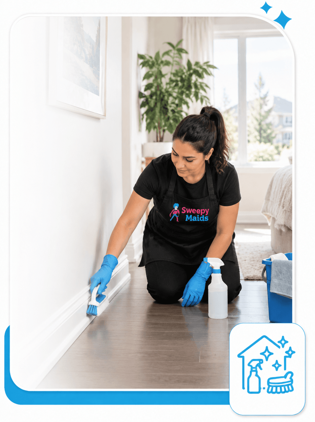 Sweepy Maids cleaner deep cleaning baseboards in a Mississauga home