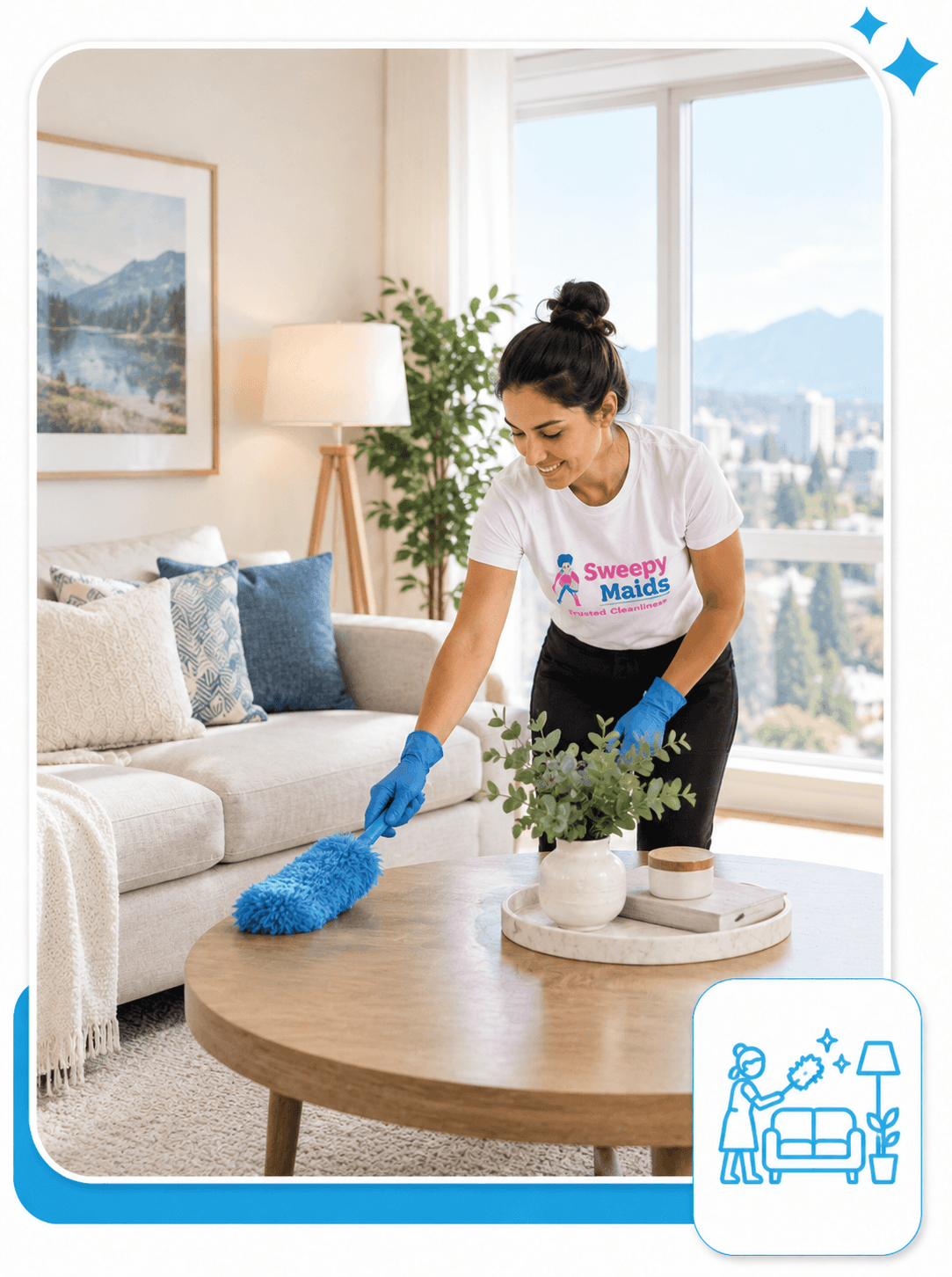 Sweepy Maids cleaner dusting a living room in a Burnaby home
