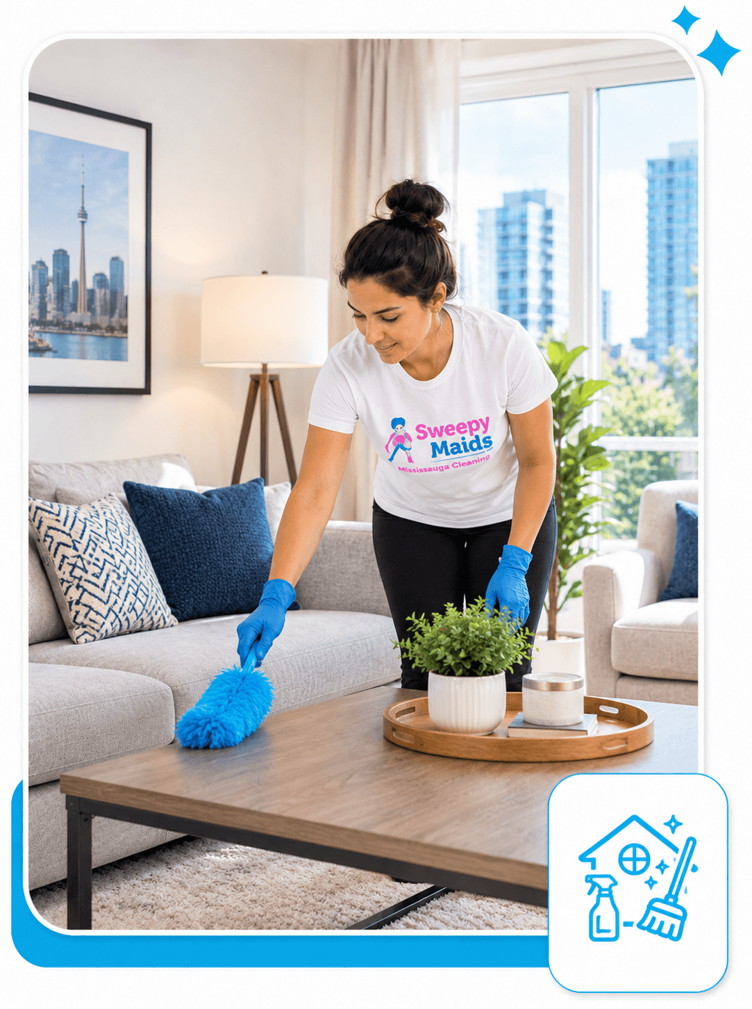 Sweepy Maids cleaner dusting a living room in a Mississauga home