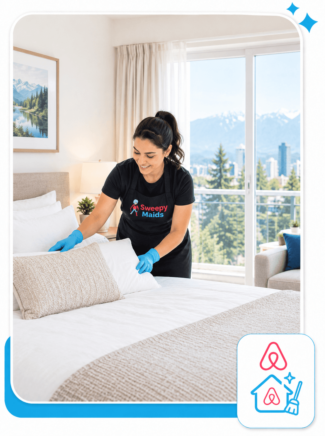 Sweepy Maids cleaner making up a bed in a Burnaby Airbnb between guest stays