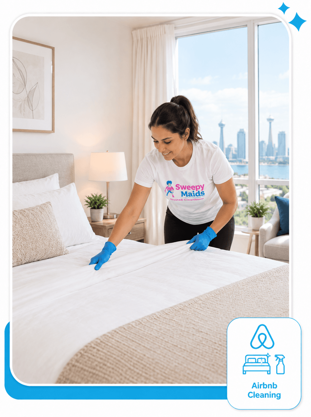 Sweepy Maids cleaner making up a bed in a Mississauga Airbnb between guest stays