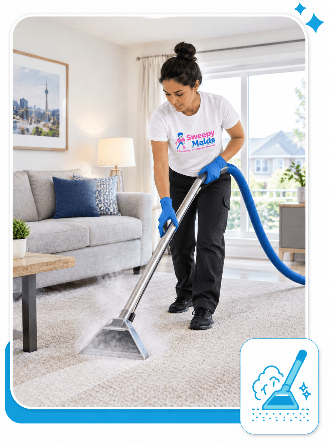 Sweepy Maids cleaner steam cleaning a carpet in a Brampton home