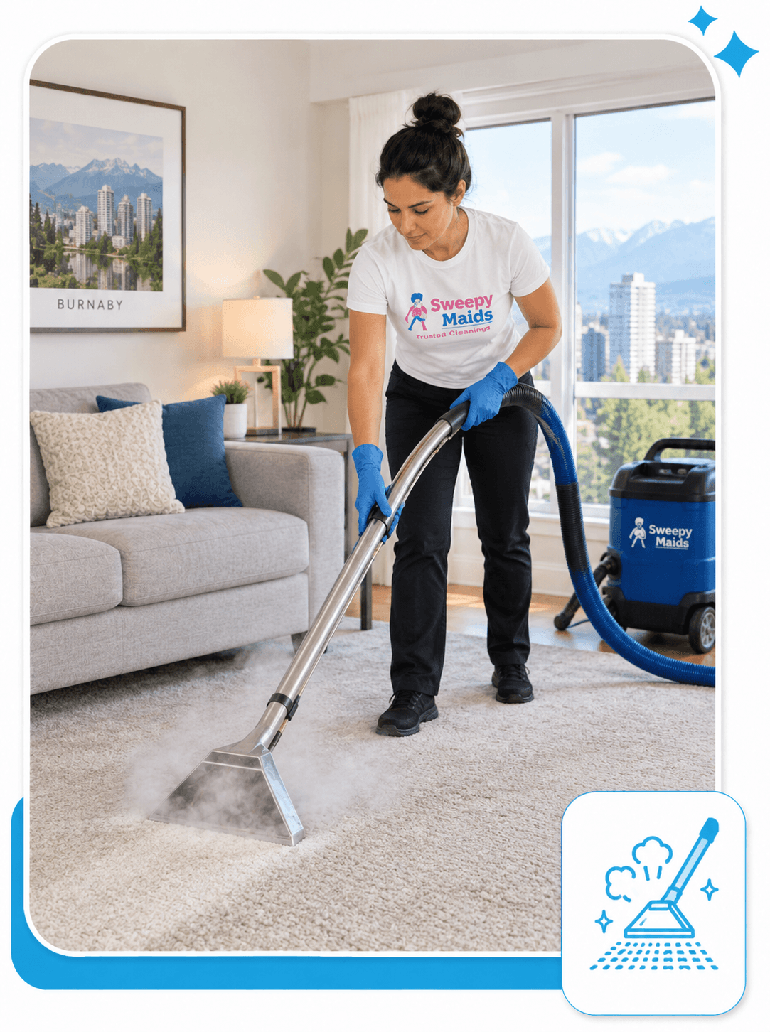 Sweepy Maids cleaner steam cleaning a carpet in a Burnaby home