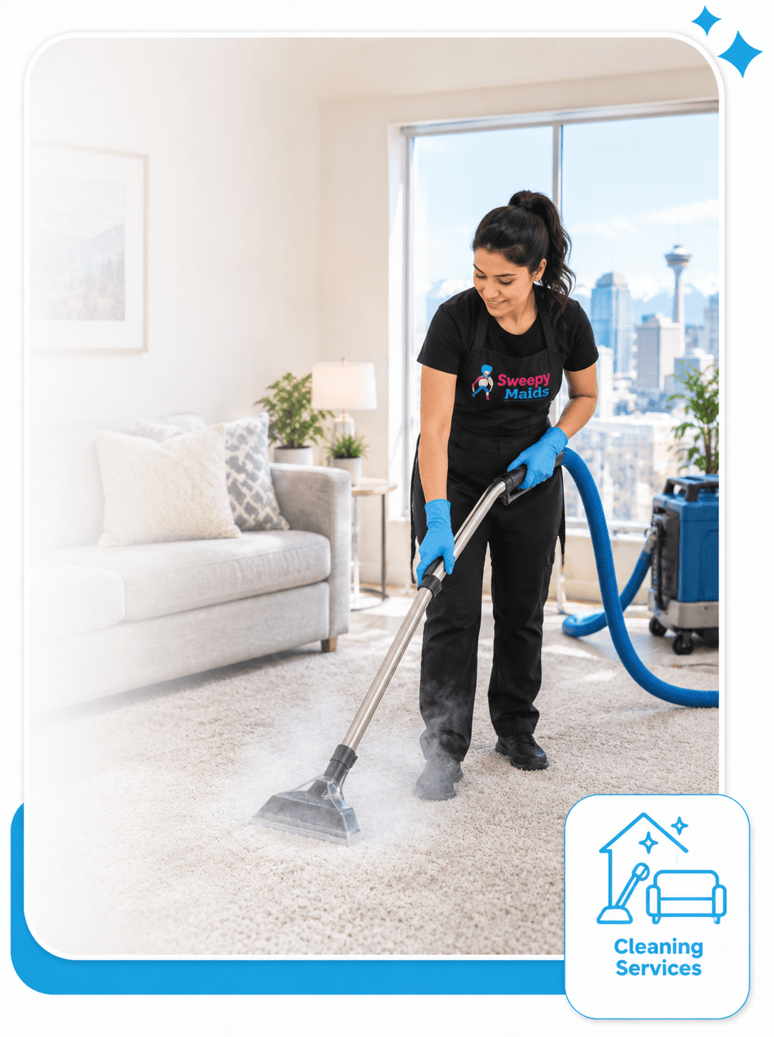 Sweepy Maids cleaner steam cleaning a carpet in a Calgary home