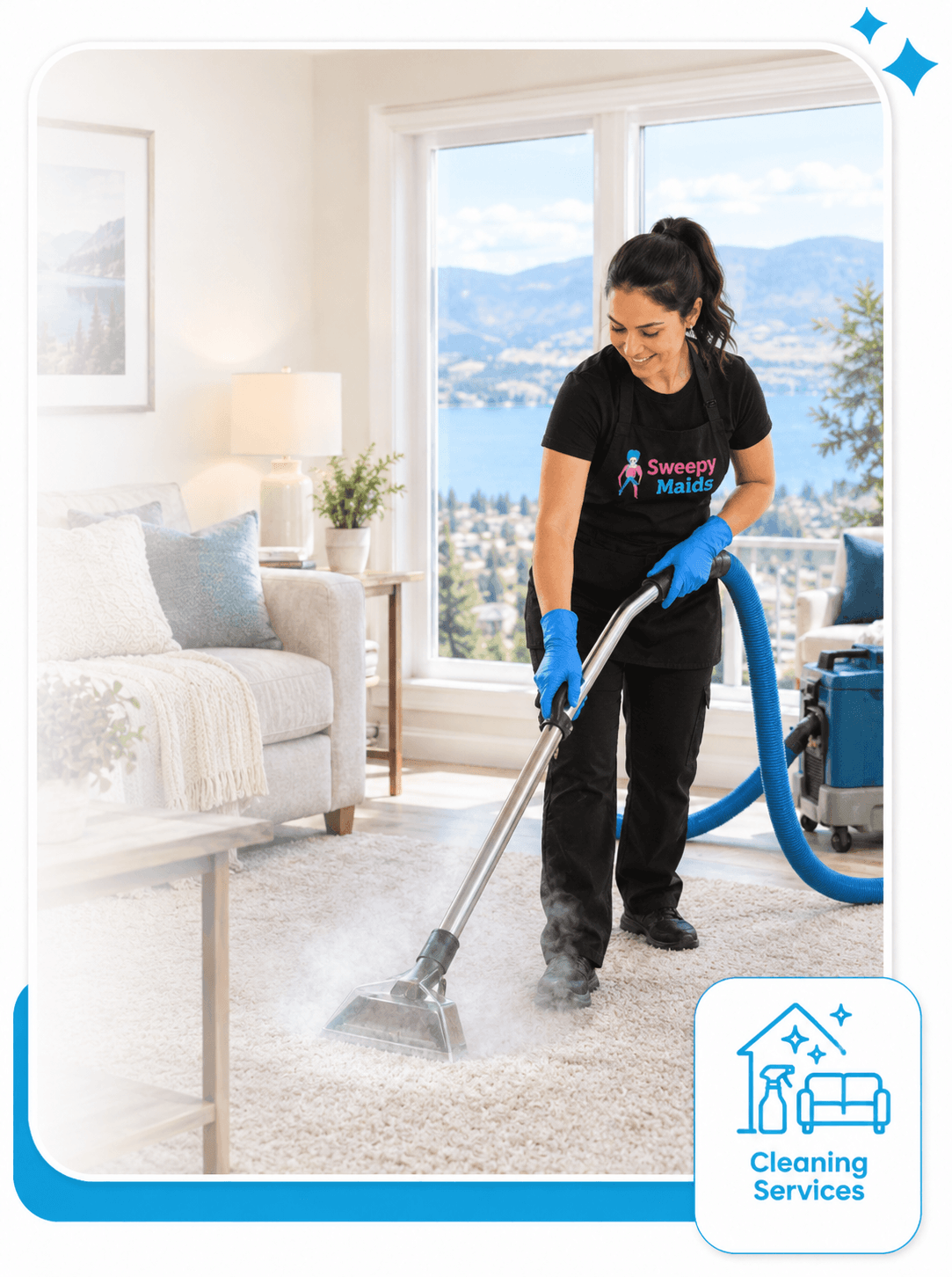 Sweepy Maids cleaner steam cleaning a carpet in a Kelowna home