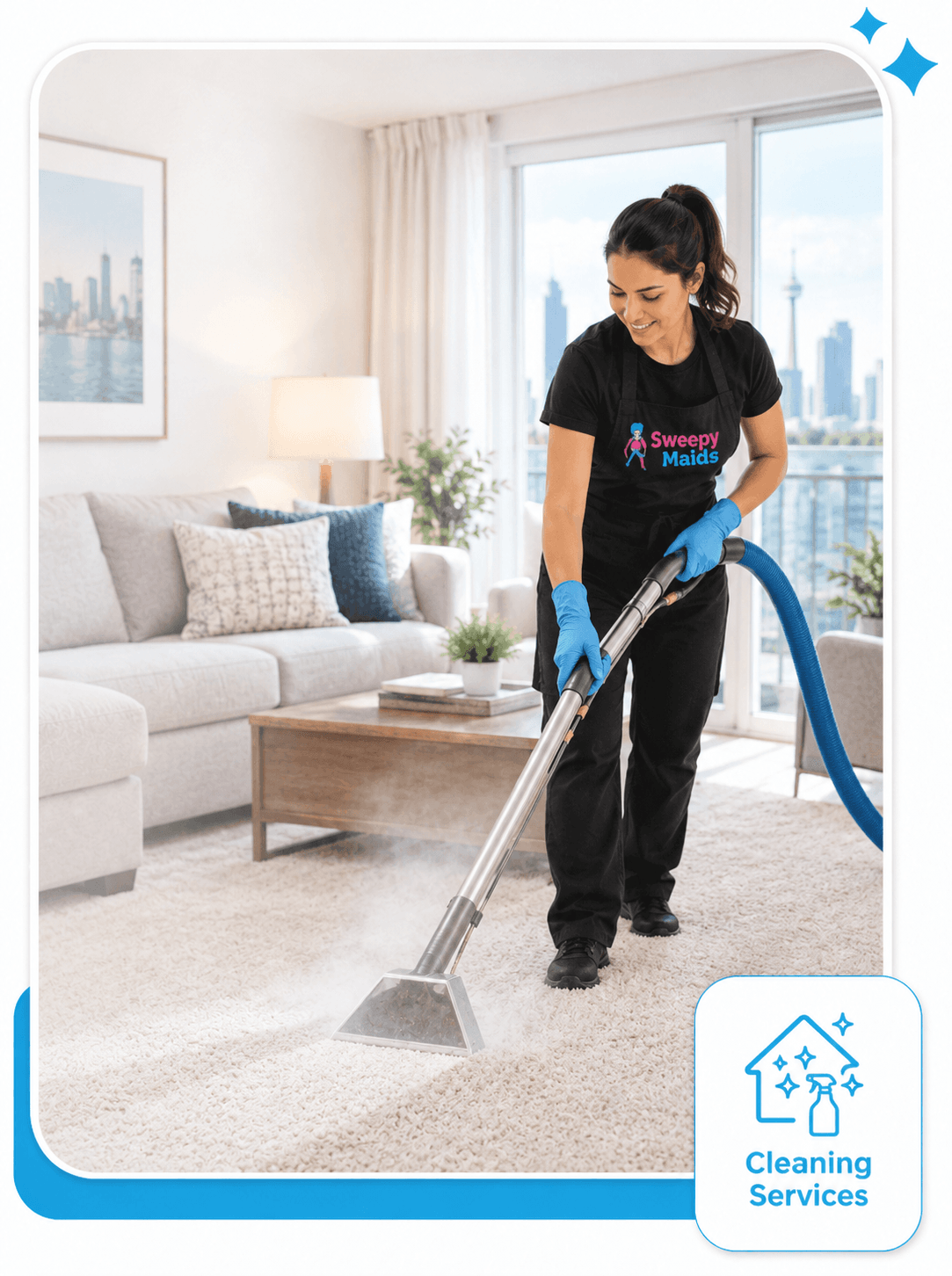 Sweepy Maids cleaner steam cleaning a carpet in a Mississauga home