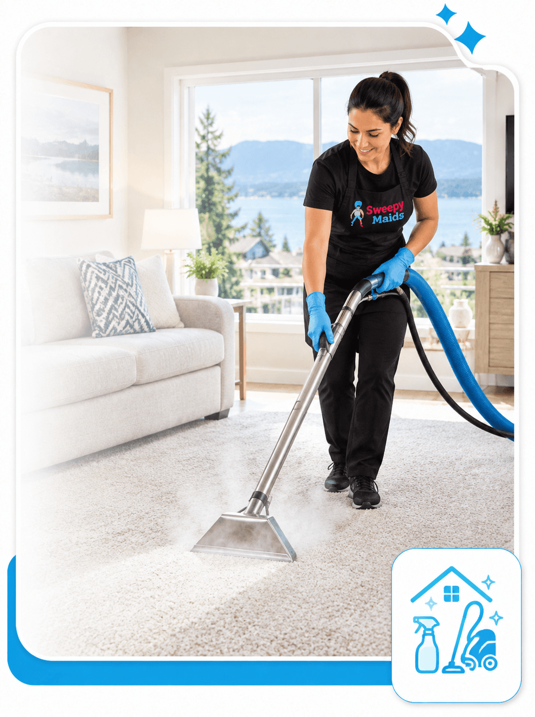 Sweepy Maids cleaner steam cleaning a carpet in a Nanaimo home