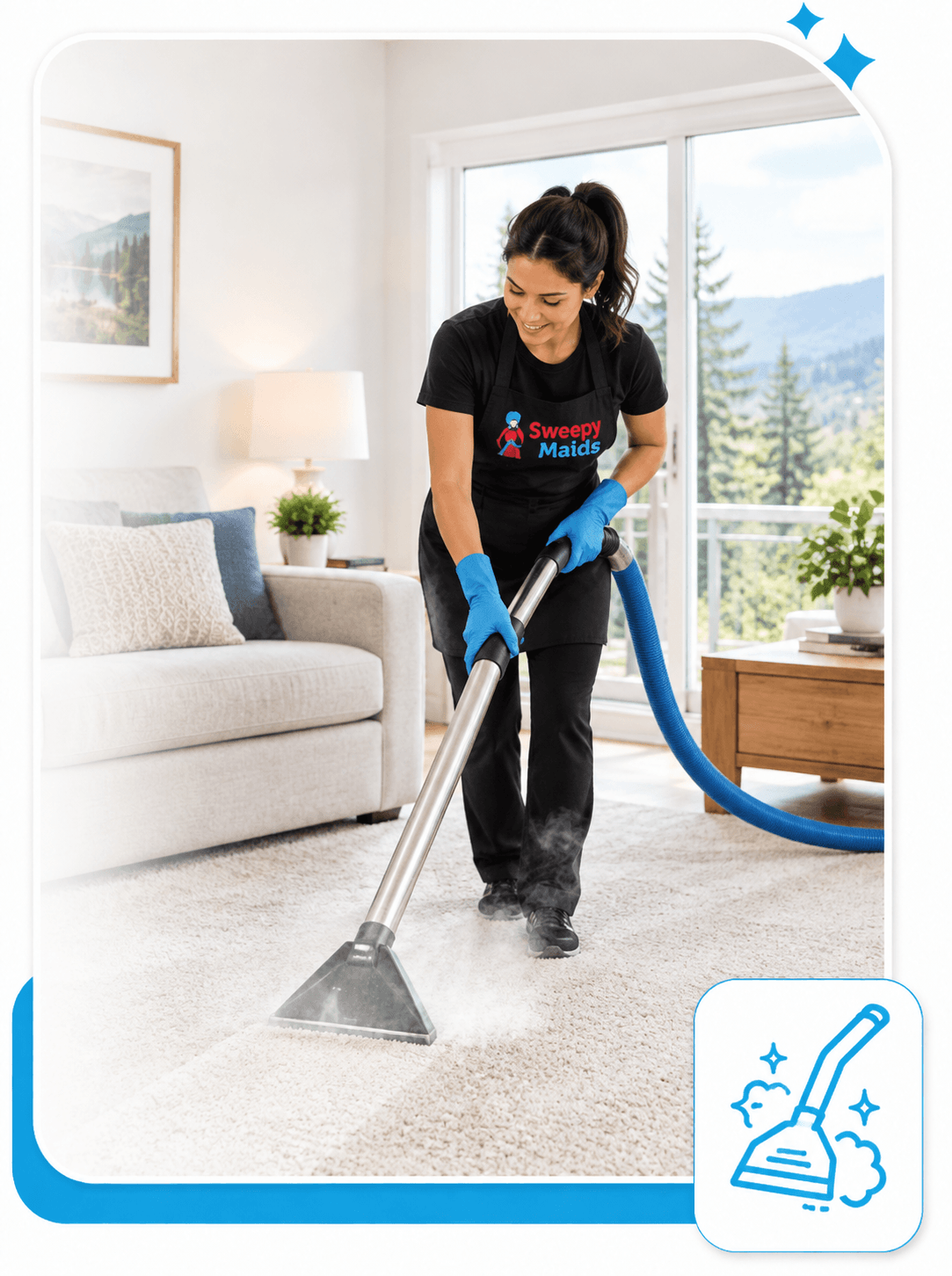 Sweepy Maids cleaner steam cleaning a carpet in an Abbotsford home