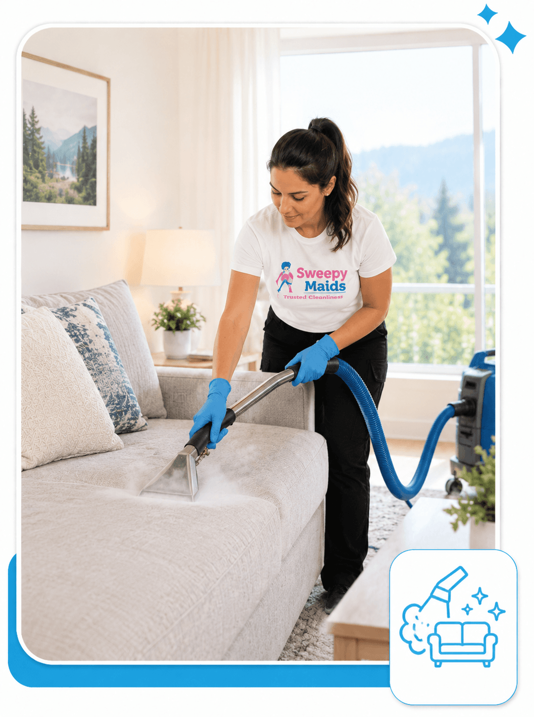 Sweepy Maids cleaner steam cleaning upholstery in a Burnaby living room