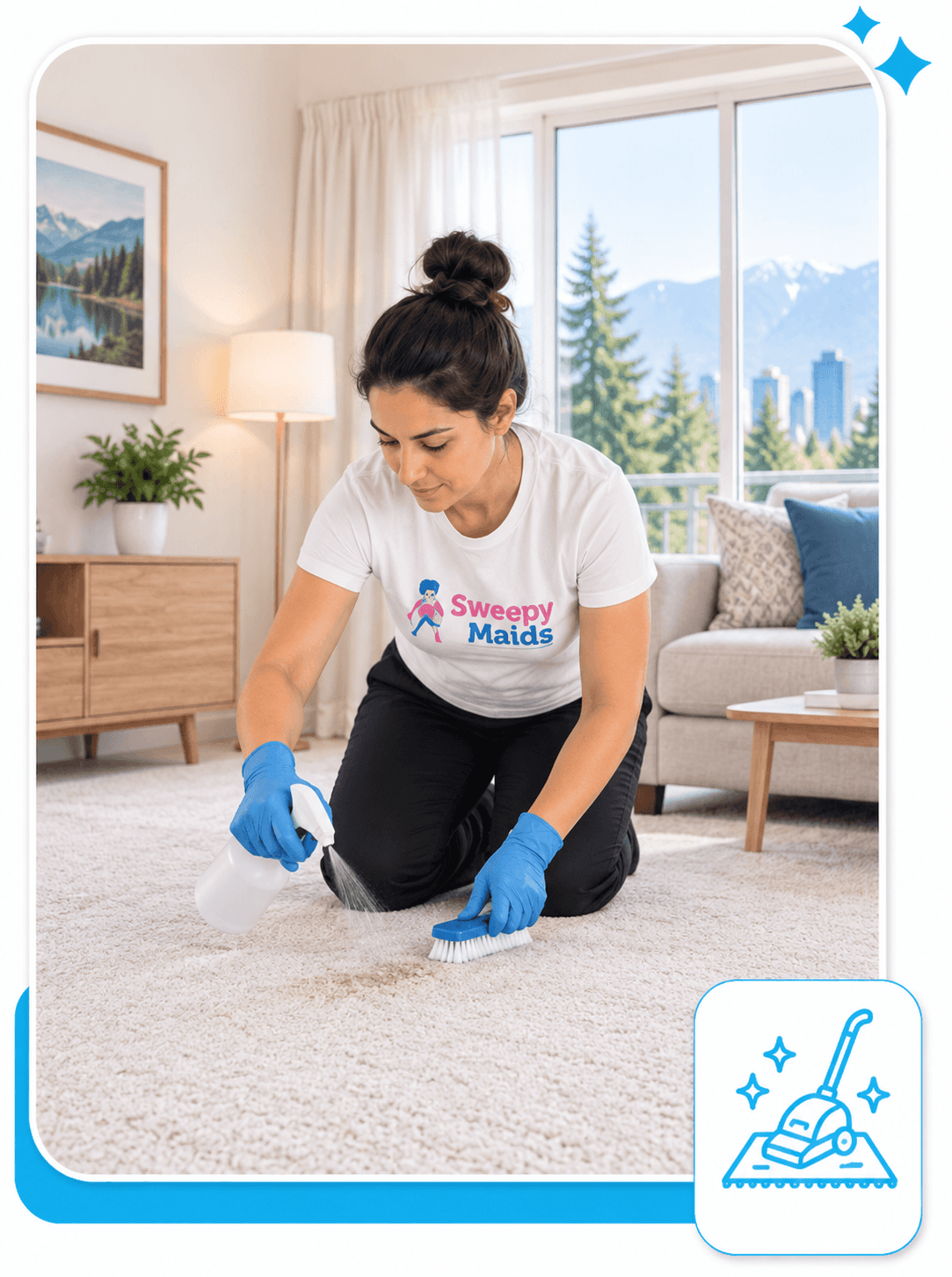Sweepy Maids cleaner treating a stain on a carpet in a Burnaby entryway