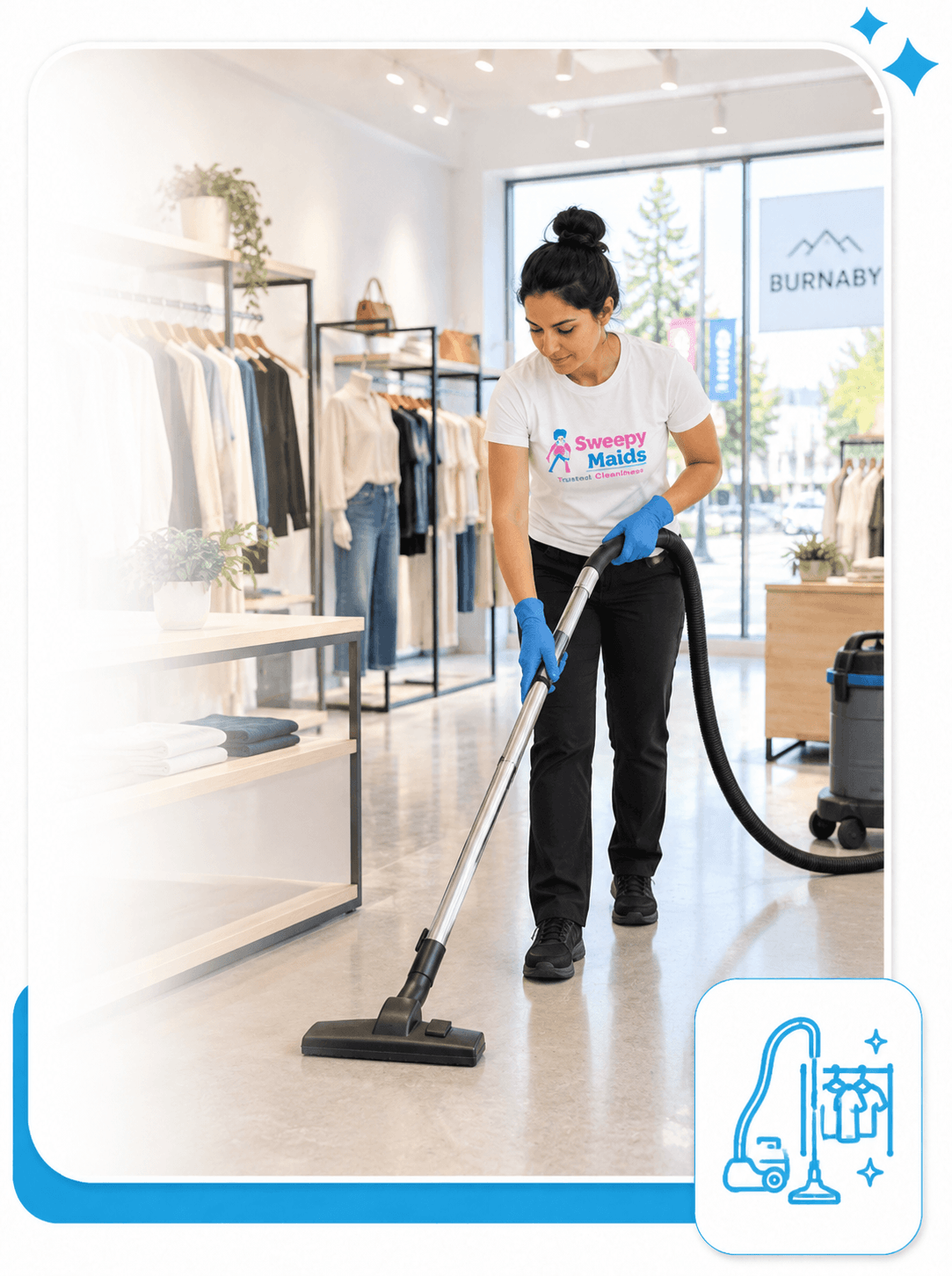 Sweepy Maids cleaner vacuuming a commercial retail space in Burnaby